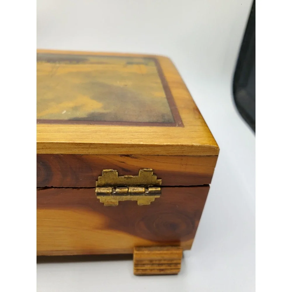 Vintage Wooden Jewelry Trinket Box Hinged Overlay 9 x 5 Inches Footed Holland